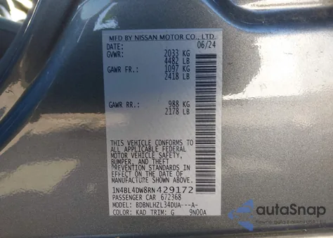 2024 Nissan Altima Sv Intelligent Awd z USA, uszkodzony, nr VIN 1N4BL4DW8RN429172